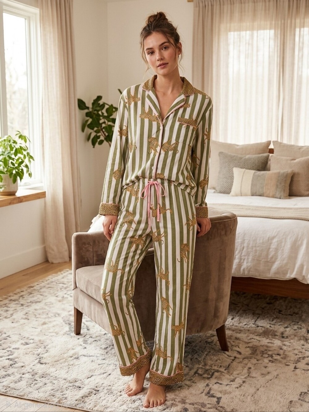 Room Service Leopard Stripe Pajama Set Green White Pink Trim Large